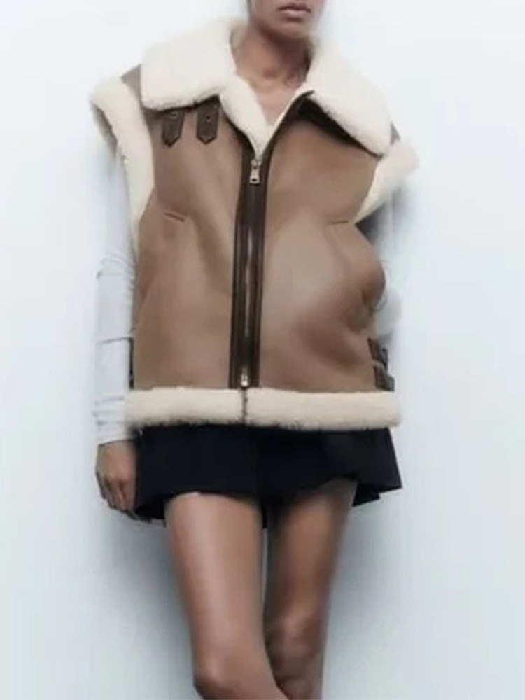 Vest Coats Women Sleeveless Jackets Female Autumn Winter Fleece Thick Warm Waistcoat Vintage Fashion Splice Sleeveless Jacket